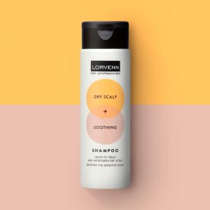 An image of Lorvenn Hair and Scalp Balance Dry Scalp Shampoo packaging, designed by DKD Studio.
