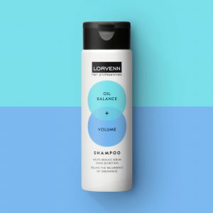 An image of Lorvenn Hair and Scalp Balance Oily Hair Shampoo packaging, designed by DKD Studio.