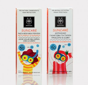 An image of APIVITA's Sun Care Kids Packaging, designed by DKD.
