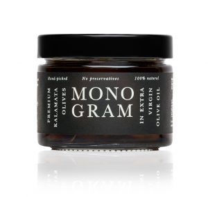 An image of Monogram Olives in Olive Oil packaging, designed by DKD.