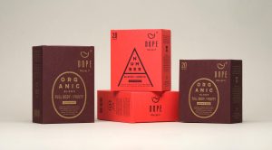 An image of DOPE Roasting Co coffee packaging, designed by DKD studio.